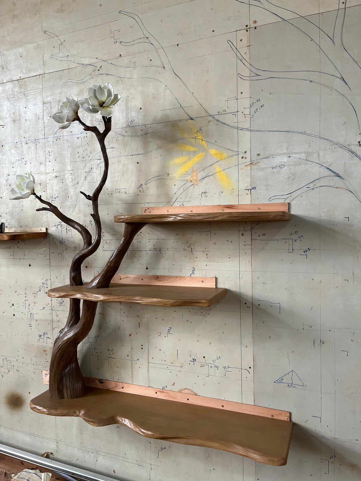 Wooden shelves with a natural branch design against a textured wall.