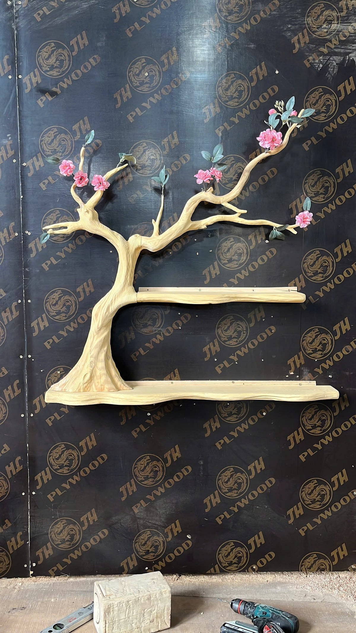 BlossomTale Tree Shelf – Handmade Wall-Mounted Floral Bookshelf with Cherry Blossom Design - Bespoke Wood TTK