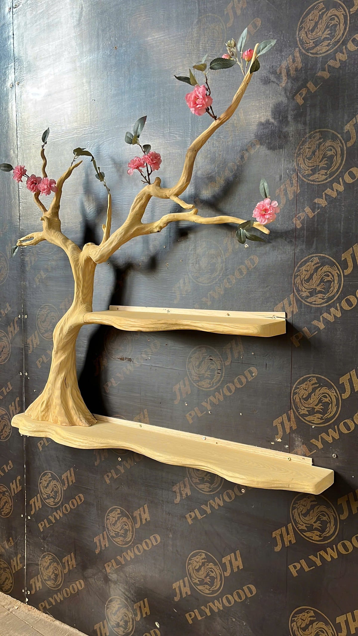 BlossomTale Tree Shelf – Handmade Wall-Mounted Floral Bookshelf with Cherry Blossom Design - Bespoke Wood TTK
