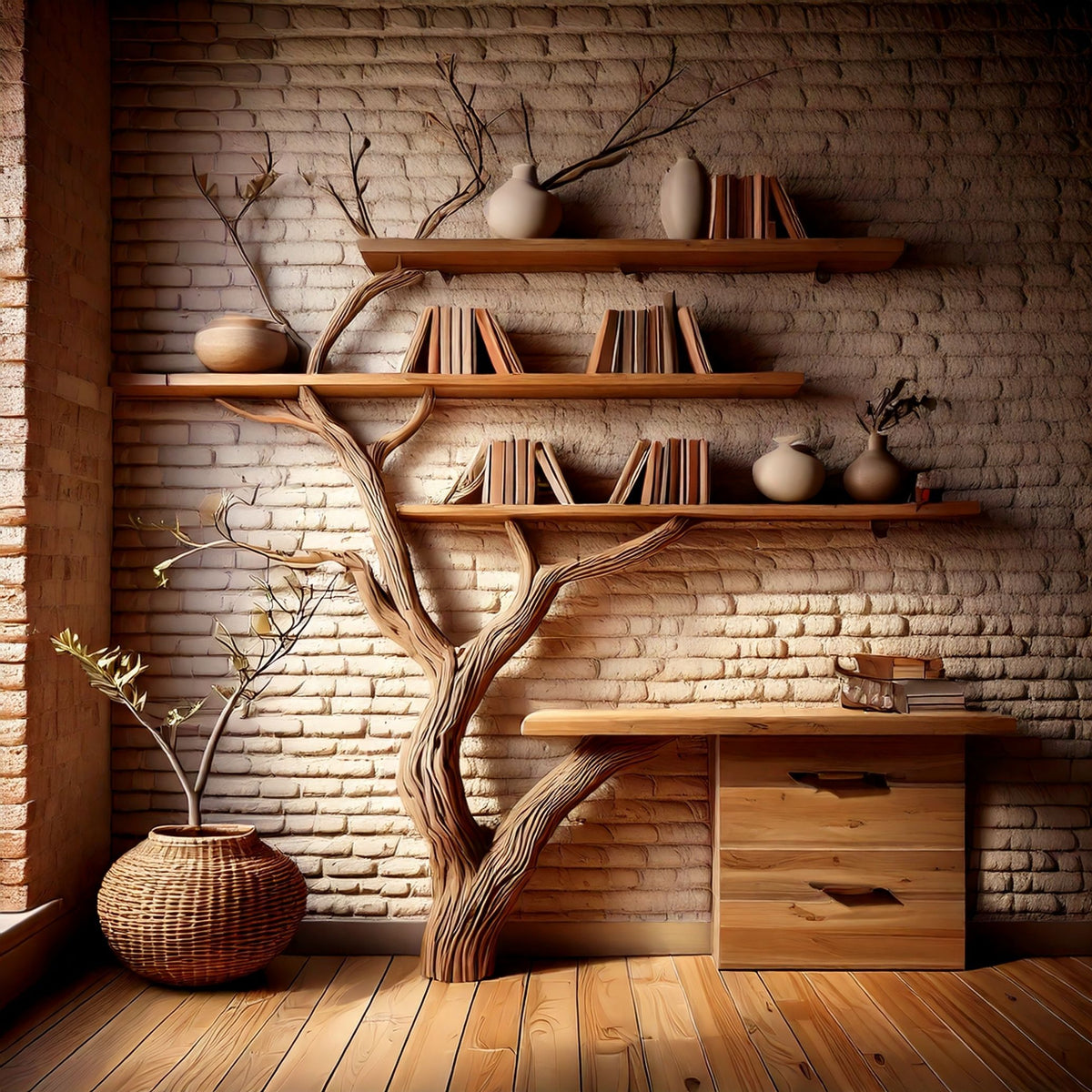 BranchDesk Tree Bookshelf with Built-in Desk | Wall-Mounted Bookcase - Bespoke Wood TTK