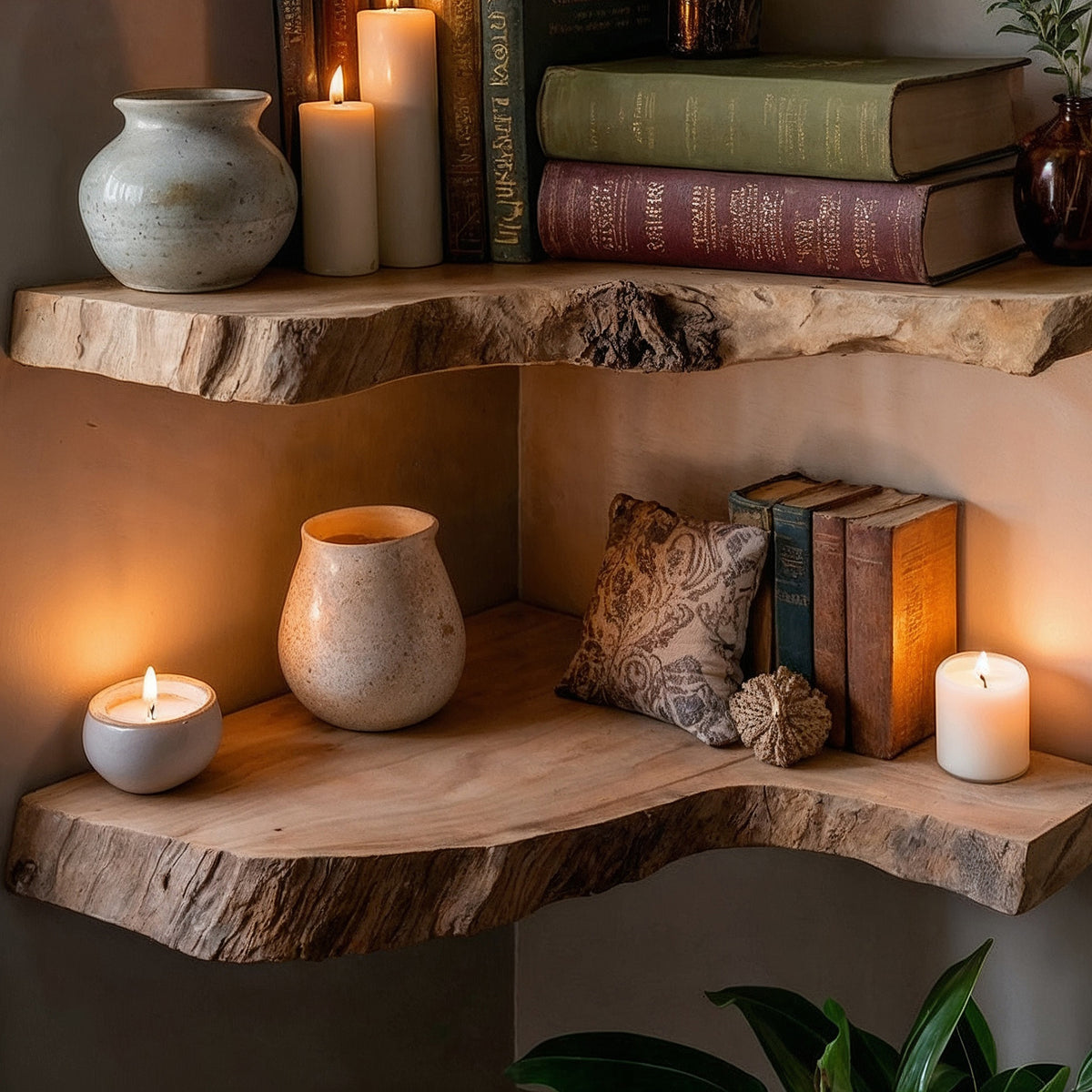CornerBloom Corner Shelf – Live Edge Wooden Floating Corner Bookshelf - Bespoke Wood TTK