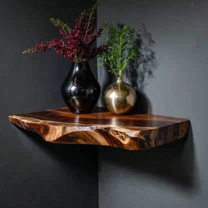 CornerNest Floating Shelf – Rustic Live Edge Wood Wall Corner Display - Bespoke Wood TTK