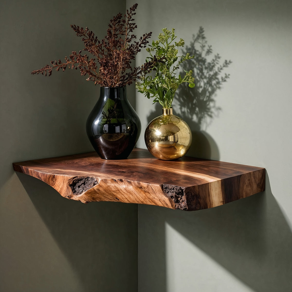 CornerNest Floating Shelf – Rustic Live Edge Wood Wall Corner Display - Bespoke Wood TTK
