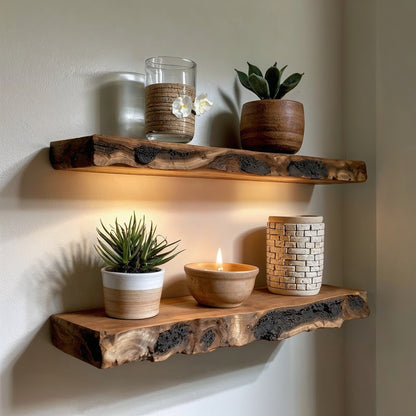 EverWood Floating Shelf | Rustic Live Edge Solid Wood Wall Decor - Bespoke Wood TTK