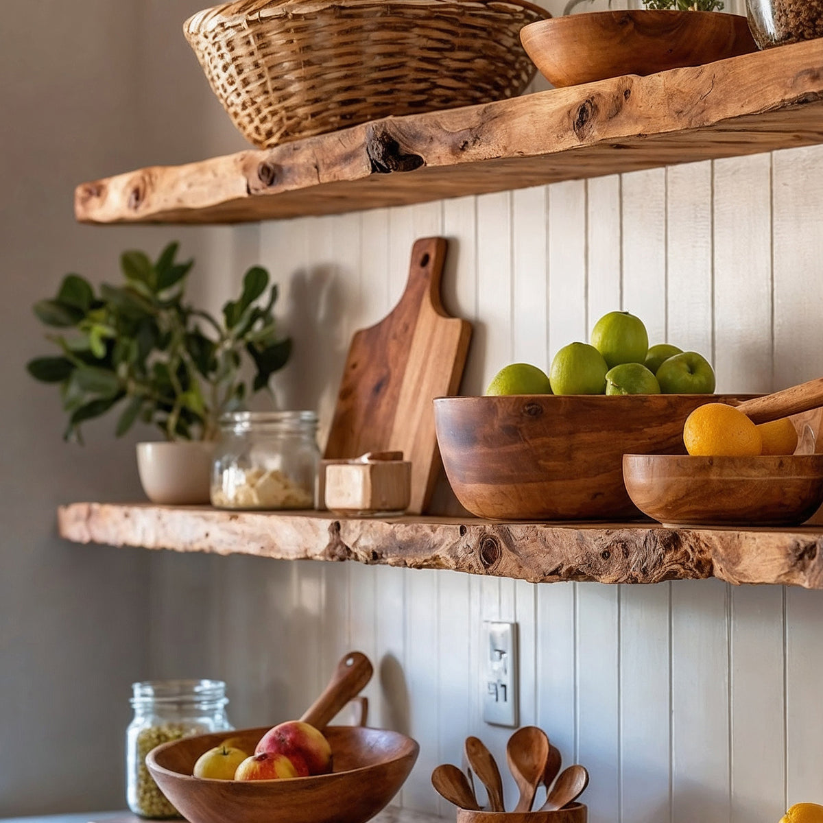 GrainBask Shelf – Rustic Wood Floating Shelf for Kitchen Wall Storage - Bespoke Wood TTK