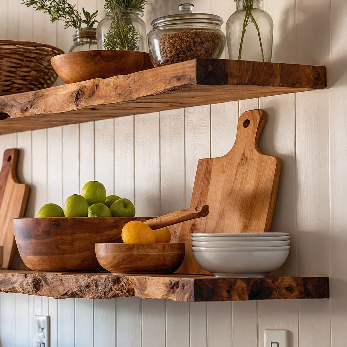 GrainBask Shelf – Rustic Wood Floating Shelf for Kitchen Wall Storage - Bespoke Wood TTK