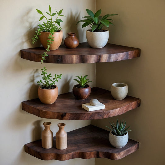 GrainLuxe Corner Floating Shelf – Live Edge Solid Wood Bookshelf for Rustic Home Decoration