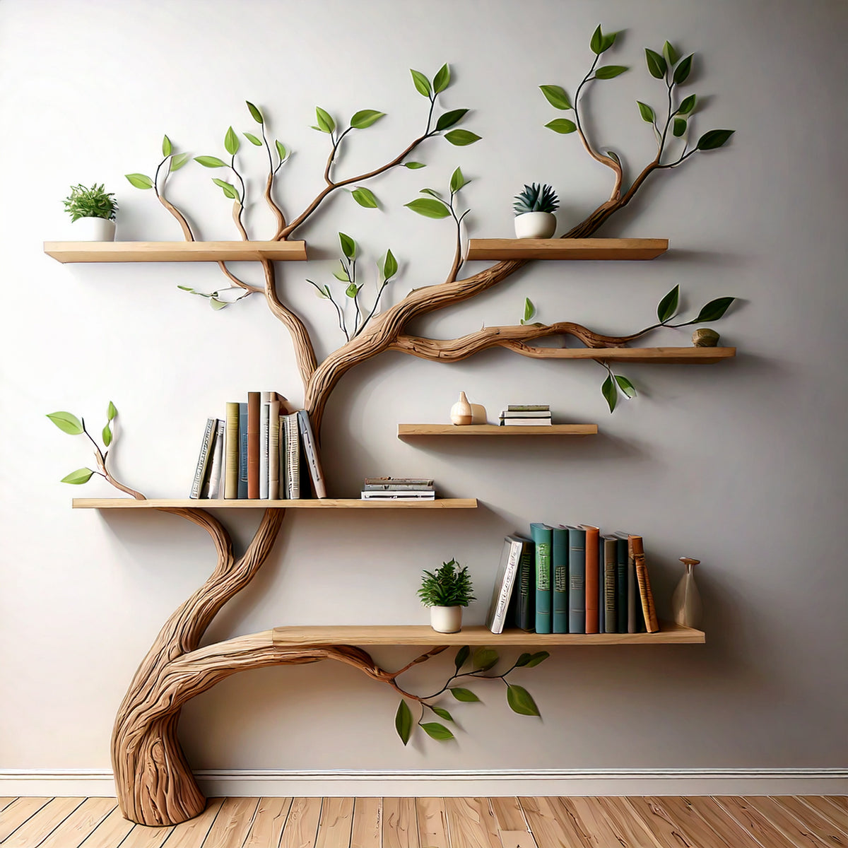 LeafNest Tree Bookshelf – Nature-Inspired Wall Bookcase with Live Edge Wood Shelves - Bespoke Wood TTK