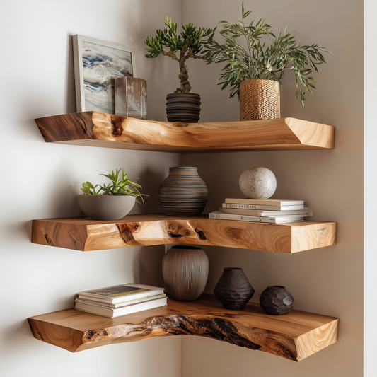 Leafaura Corner Floating Shelf - Handmade Live Edge Wood Shelf For Boho & Japandi Inspired Interiors