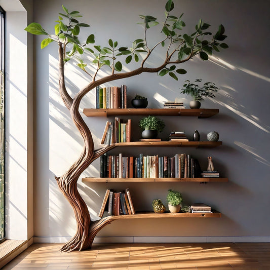 Leafspire Tree Bookshelf | Solid Wood Bookcase with Faux Leaves & Deep Shelves - Bespoke Wood TTK