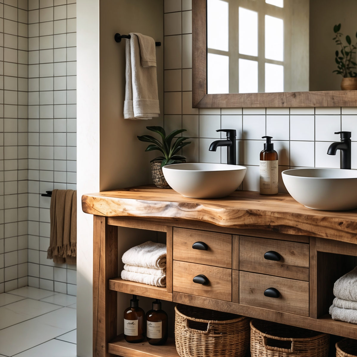 Live Edge Solid Wood Bathroom Vanity – Rustic Handmade Wood Sink Cabinet, Custom Natural Wood Vanity - Bespoke Wood TTK
