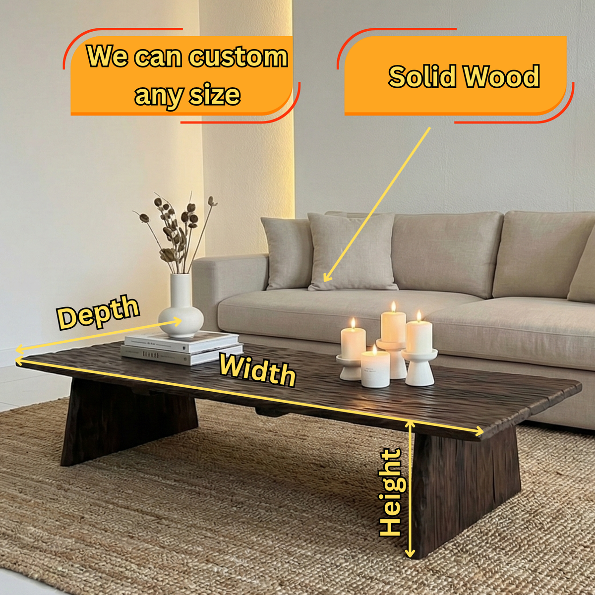 Live Edge Solid Wood Coffee Table – Rustic Low Dining & Living Room Table, Handmade Reclaimed Wood - Bespoke Wood TTK