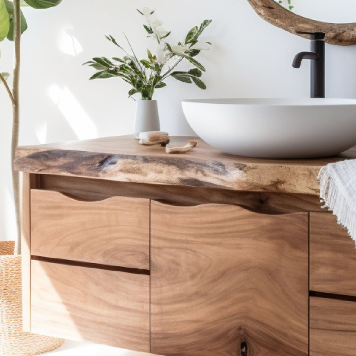 Luxury Floating Live-Edge Solid Wood Bathroom Vanity – Handmade Custom Sink Cabinet with Drawers & Storage - Bespoke Wood TTK