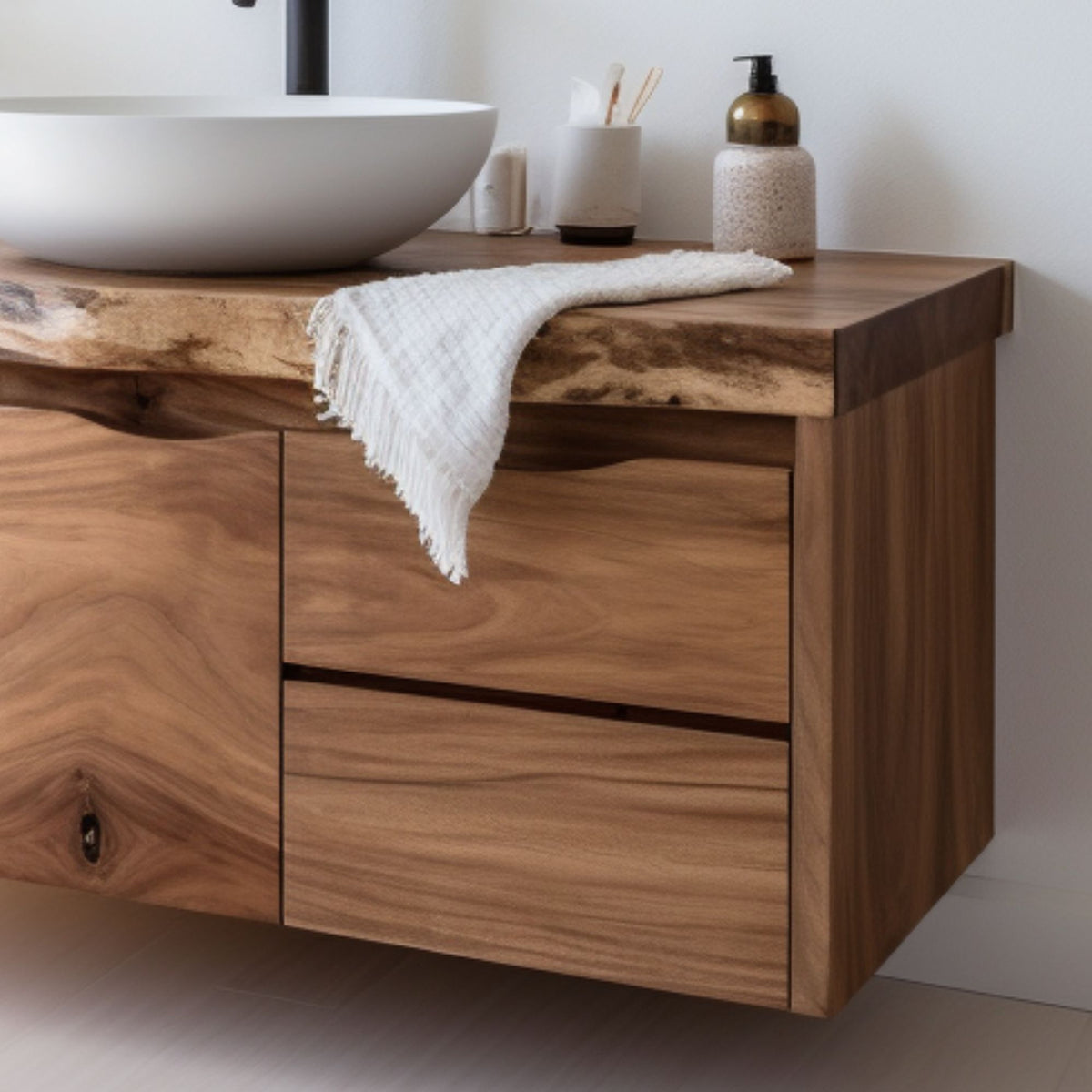 Luxury Floating Live-Edge Solid Wood Bathroom Vanity – Handmade Custom Sink Cabinet with Drawers & Storage - Bespoke Wood TTK