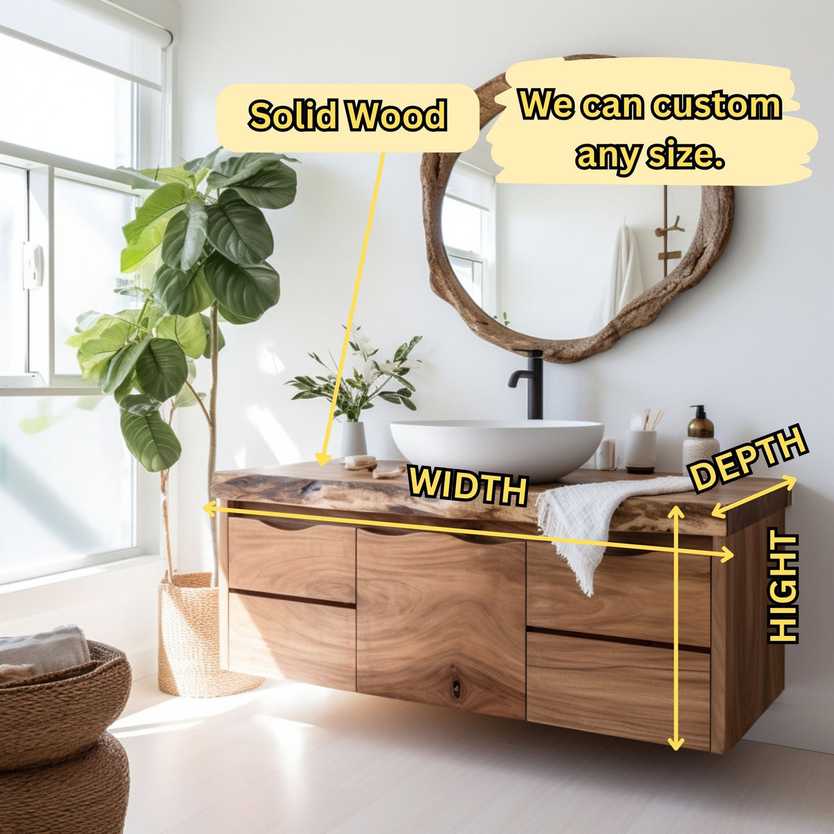 Luxury Floating Live-Edge Solid Wood Bathroom Vanity – Handmade Custom Sink Cabinet with Drawers & Storage - Bespoke Wood TTK