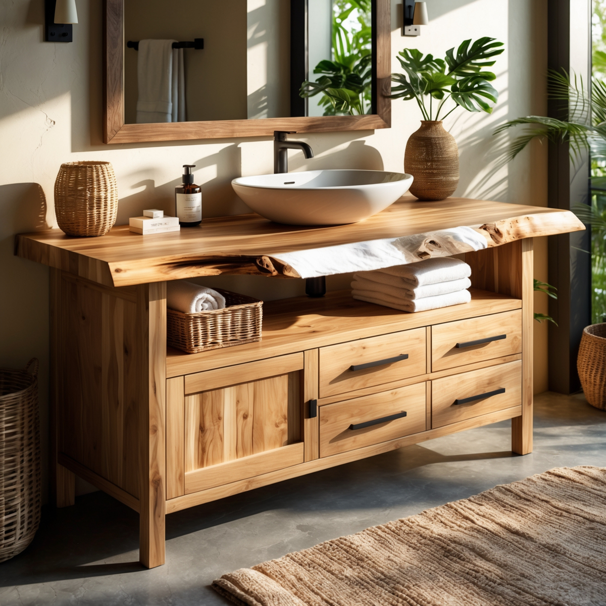 Luxury Live Edge Bathroom Vanity – Real Hardwood, Modern Rustic Japandi Design - Bespoke Wood TTK