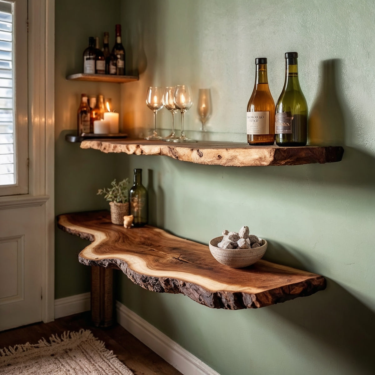 Oakmere Bar Shelf – Rustic Live Edge Floating Shelf for Wine & Spirits Display - Bespoke Wood TTK