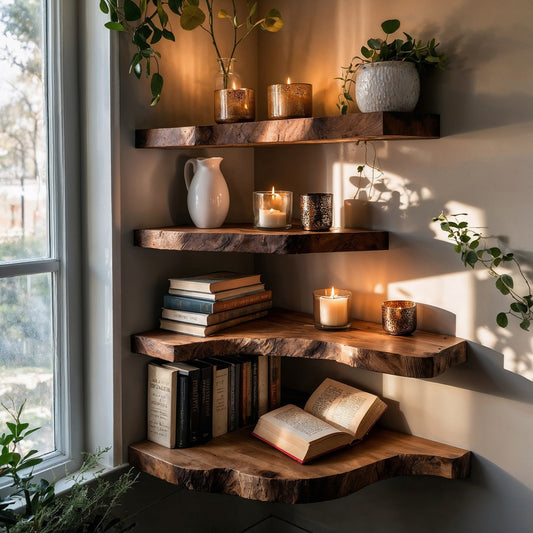RootNiche Corner Shelf – Live Edge Handmade Floating Wood Wall Shelf - Bespoke Wood TTK