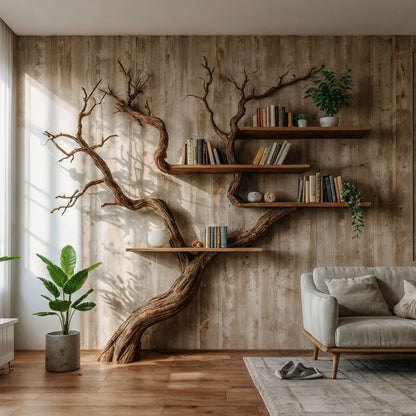 RootRise Tree Wall Bookshelf | Handcrafted Rustic Driftwood Bookcase - Bespoke Wood TTK