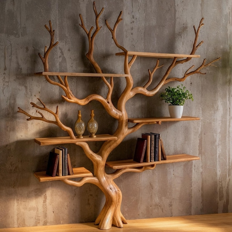 Rootform Tree Bookshelf  Handcrafted Wooden Tree Branch Shelf For Home Or Office Decor
