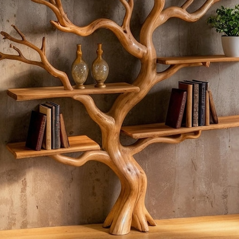 Rootform Tree Bookshelf  Handcrafted Wooden Tree Branch Shelf For Home Or Office Decor
