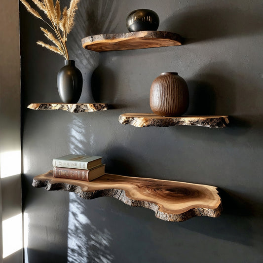 RusticHaven Floating Shelf | Live Edge Solid Wood Rustic Wall Display - Bespoke Wood TTK