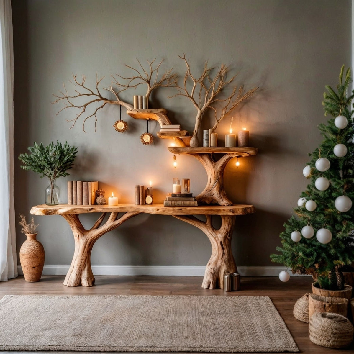 SolsticeTree Console Table | Live Edge Farmhouse Entryway with Bookshelf - Bespoke Wood TTK