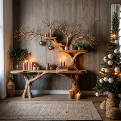 SolsticeTree Console Table | Live Edge Farmhouse Entryway with Bookshelf - Bespoke Wood TTK