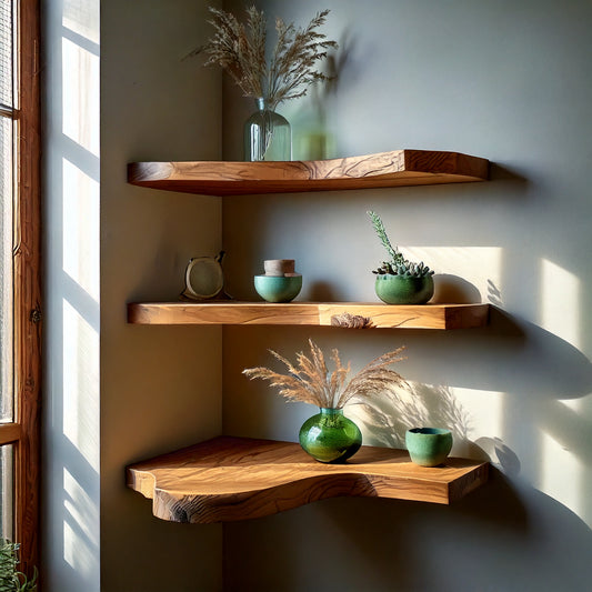 Sunwood Corner Floating Shelf – Handmade Rustic Wall Display - Bespoke Wood TTK