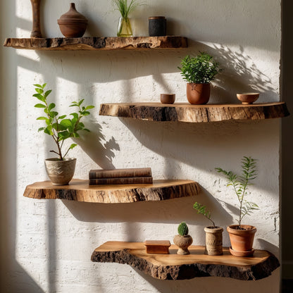 TerraForm Shelf – Live Edge Rustic Wall Display for Books, Plants & Decor - Bespoke Wood TTK