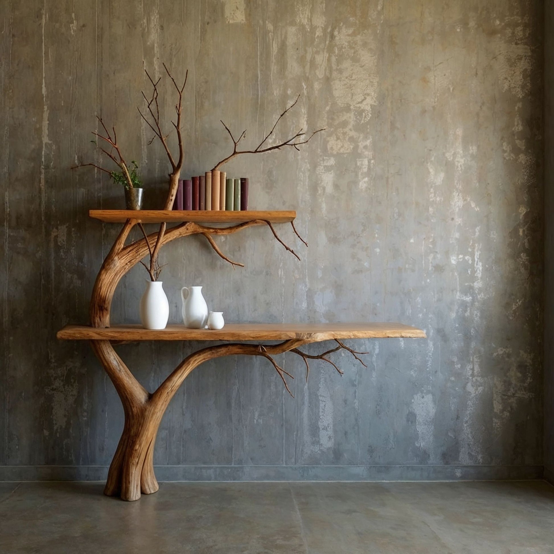 TrunkForm Tree Branch Console Shelf | Handmade Montessori Book Table