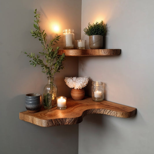 TrunkNest Corner Wall Shelf – Rustic Live Edge Floating Bookshelf for Housewarming & Decor