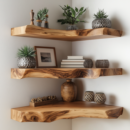 Trunkluxe Corner Floating Shelf - Rustic Live Edge Wood Wall Shelves For Storage & Decor