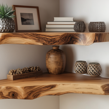 Trunkluxe Corner Floating Shelf - Rustic Live Edge Wood Wall Shelves For Storage & Decor