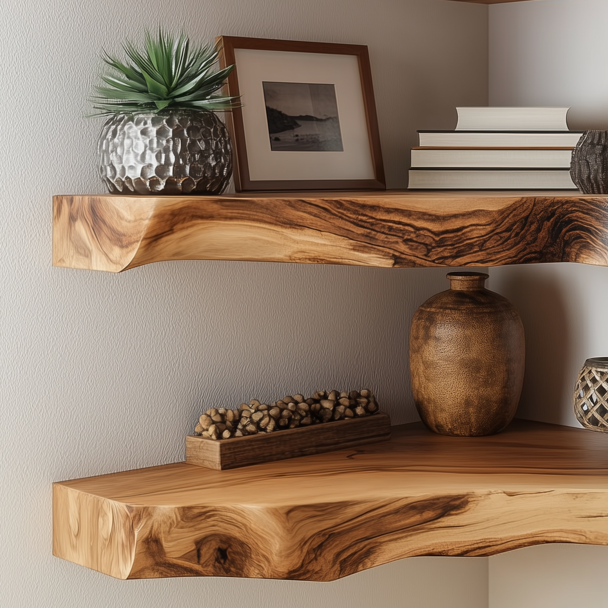 Trunkluxe Corner Floating Shelf - Rustic Live Edge Wood Wall Shelves For Storage & Decor