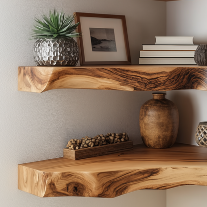 Trunkluxe Corner Floating Shelf - Rustic Live Edge Wood Wall Shelves For Storage & Decor