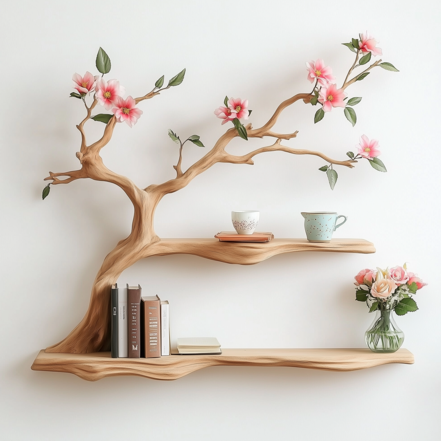 BlossomTale Tree Shelf – Handmade Wall-Mounted Floral Bookshelf with Cherry Blossom Design - Bespoke Wood TTK