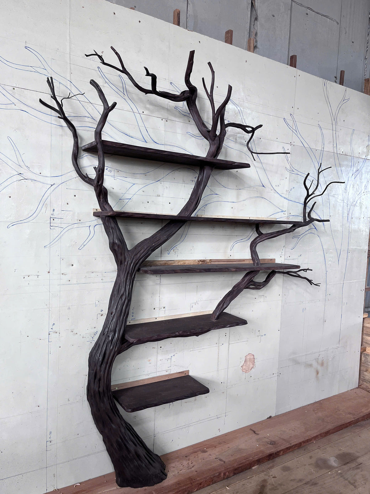 VerdantRise Tree Bookshelf | Floor-to-Wall Bookcase with Faux Leaves - Bespoke Wood TTK