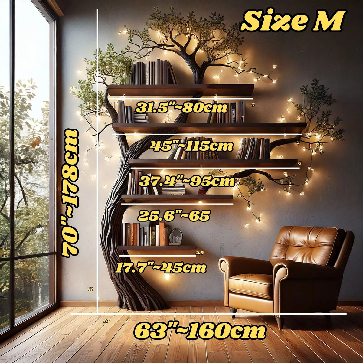 VerdantRise Tree Bookshelf | Floor-to-Wall Bookcase with Faux Leaves - Bespoke Wood TTK