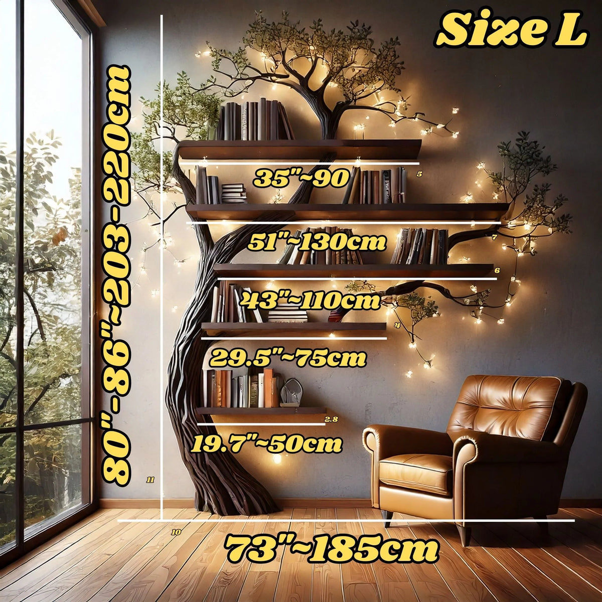 VerdantRise Tree Bookshelf | Floor-to-Wall Bookcase with Faux Leaves - Bespoke Wood TTK