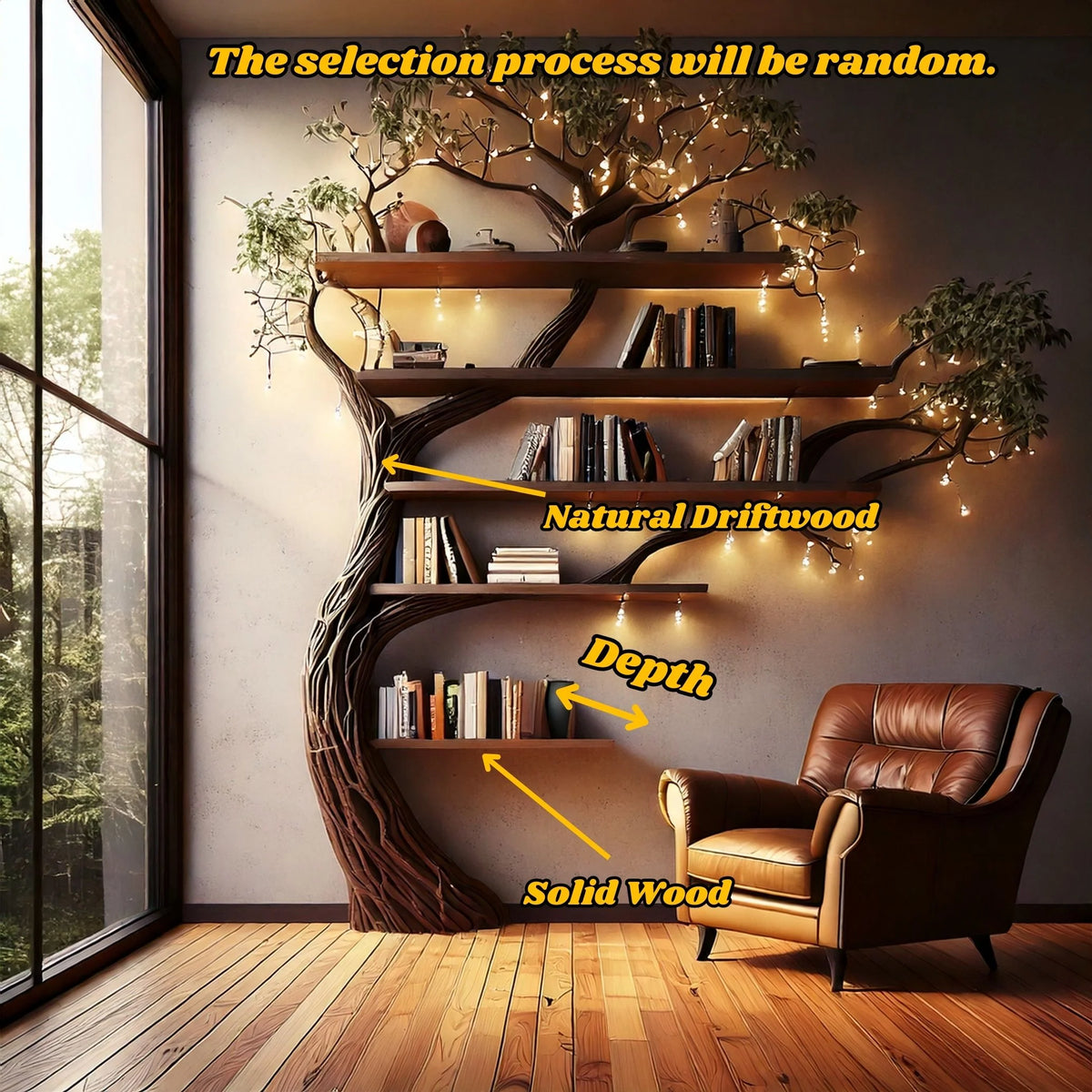 VerdantRise Tree Bookshelf | Floor-to-Wall Bookcase with Faux Leaves - Bespoke Wood TTK