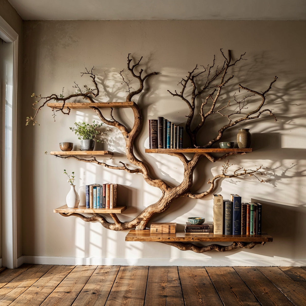 Wooden shelf designed like a tree with books and decor items against a beige wall.