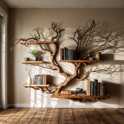 Wooden shelf designed like a tree with books and decor items against a beige wall.