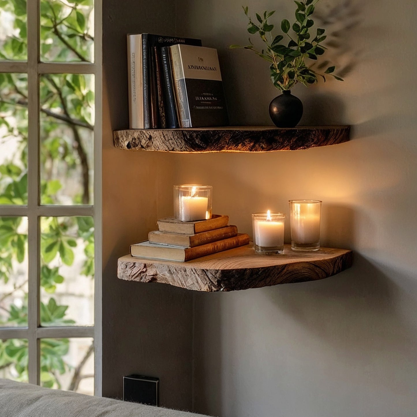 WoodHaven Corner Live Edge Shelf – Rustic Floating Wall Display - Bespoke Wood TTK