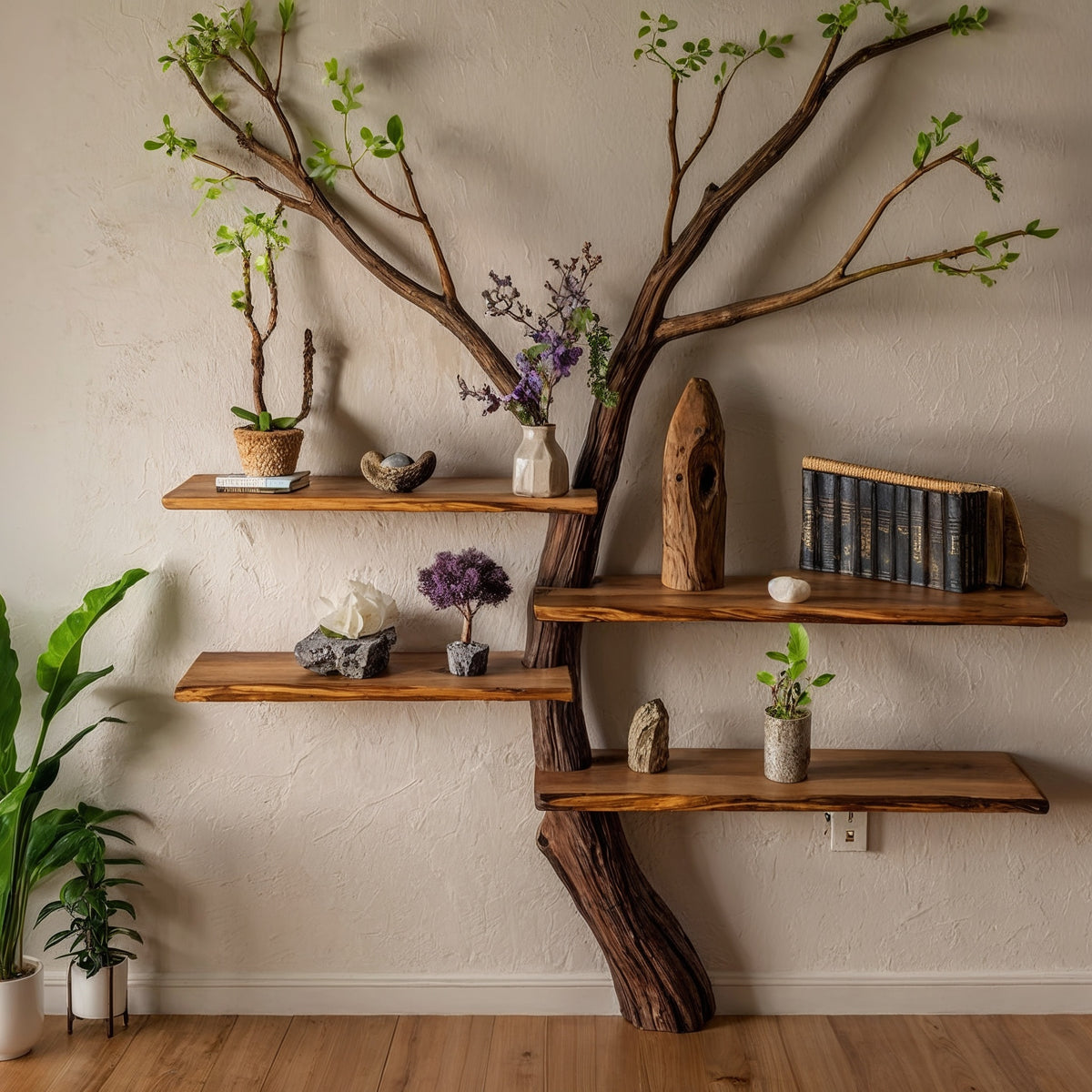 ZenCanopy Tree Bookshelf – Handmade Wall-Mounted Branch Shelf for Rustic Home Decor - Bespoke Wood TTK
