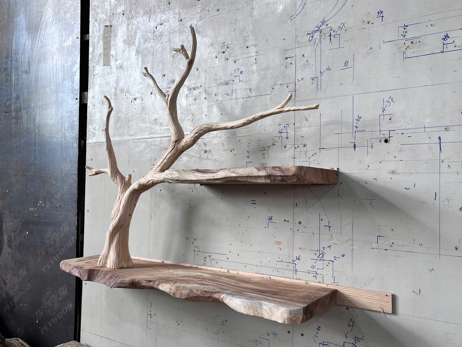 PetalRise Wall Tree Bookshelf – Handmade Floating Branch Shelf with Floral Accents - Bespoke Wood TTK