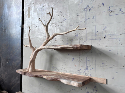 PetalRise Wall Tree Bookshelf – Handmade Floating Branch Shelf with Floral Accents - Bespoke Wood TTK