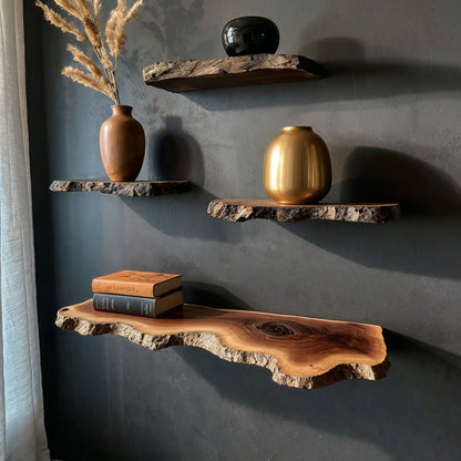 RusticHaven Floating Shelf | Live Edge Solid Wood Rustic Wall Display - Bespoke Wood TTK