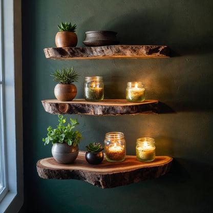 TimberLuxe Floating Shelf | Rustic Live Edge Wood Desk & Wall Decor - Bespoke Wood TTK