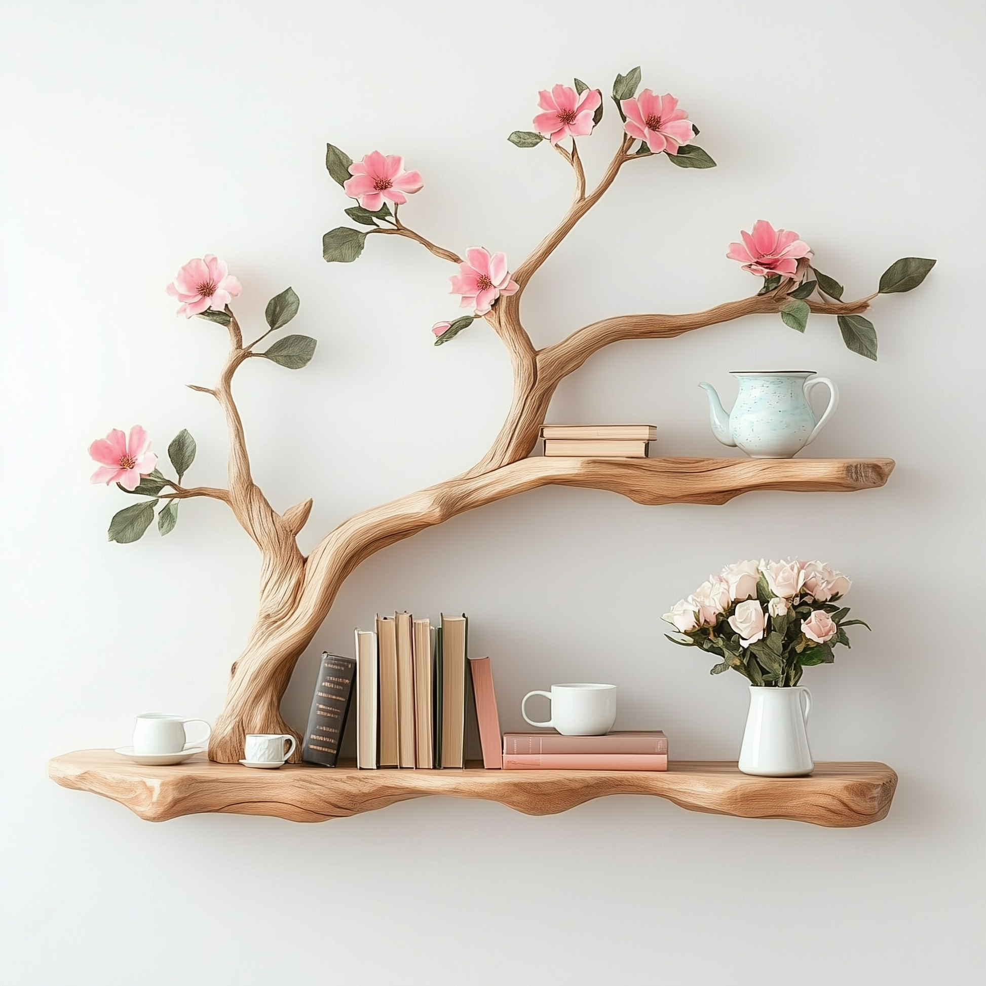 PetalRise Wall Tree Bookshelf – Handmade Floating Branch Shelf with Floral Accents - Bespoke Wood TTK